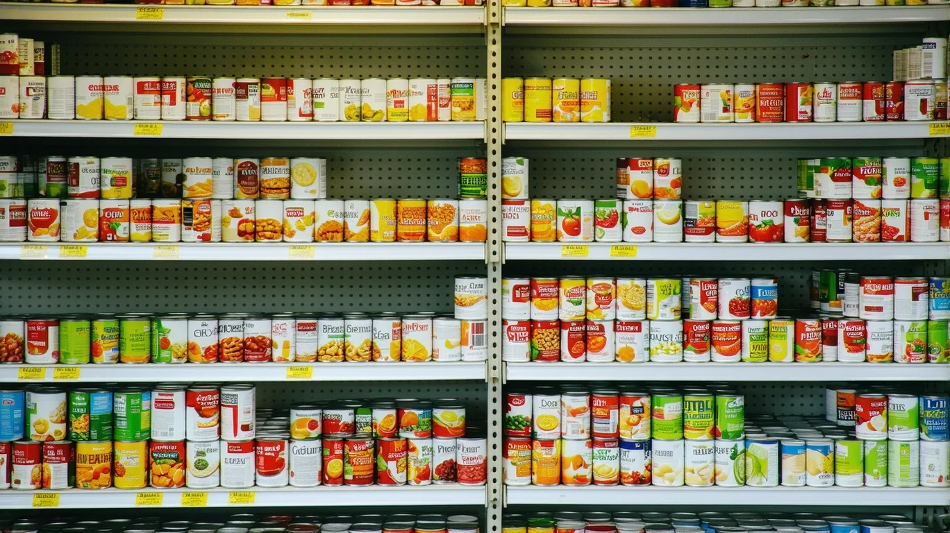 Shelves of neatly stacked canned goods in a small grocery store.