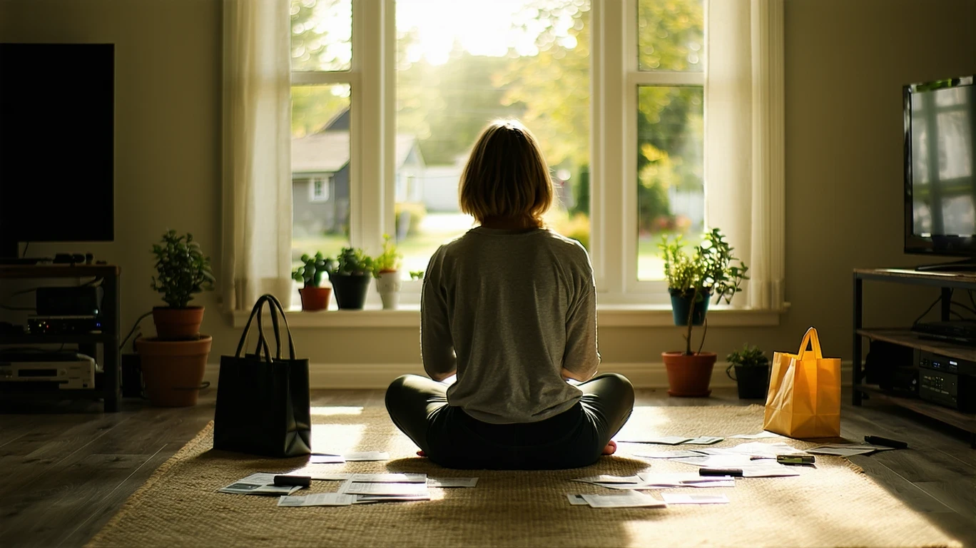 Person sitting on rug in sunlit living room, budgeting with receipts and calculator.