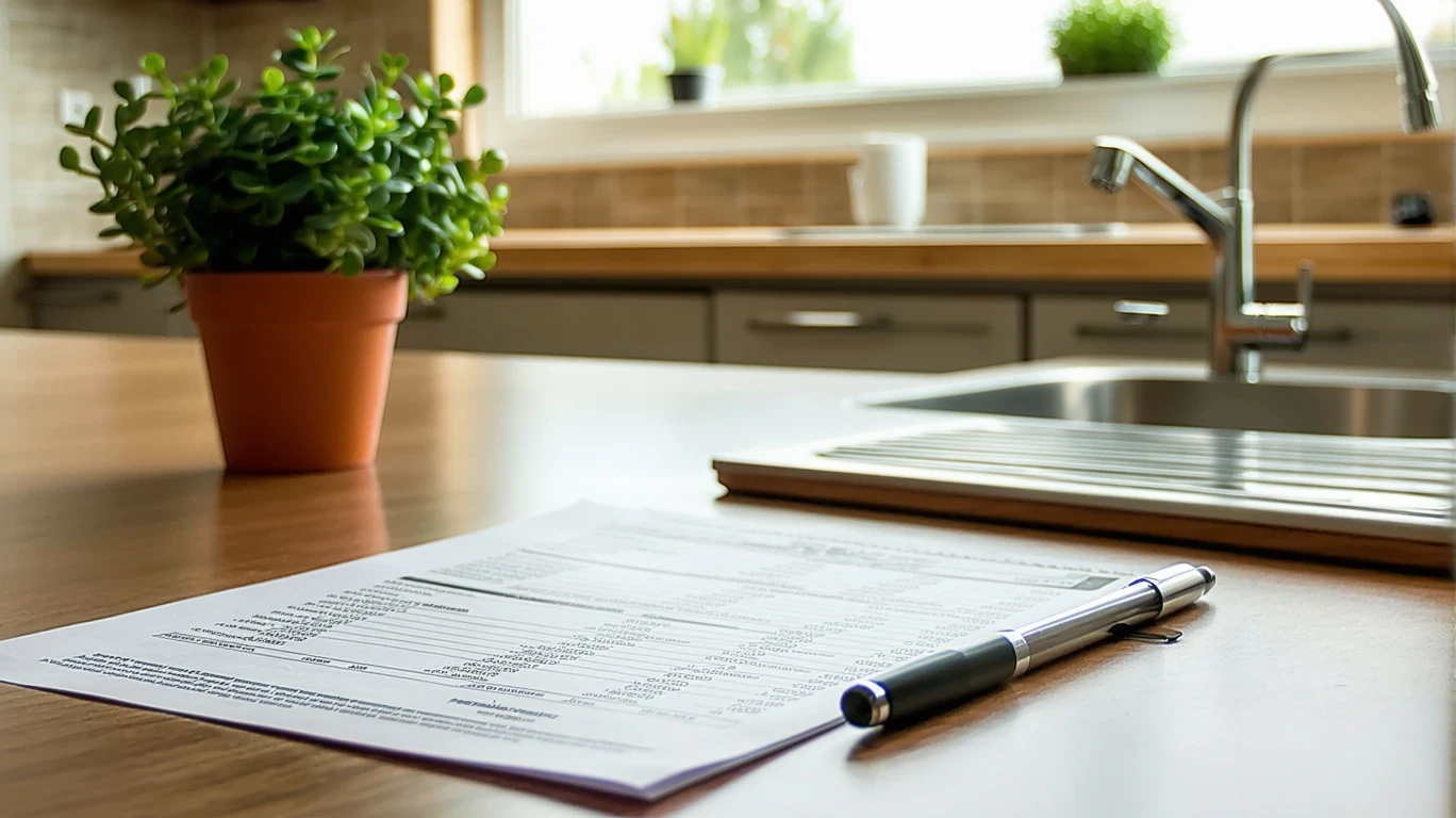 A utility bill, pen, and expense notepad on a kitchen table in a tidy home.