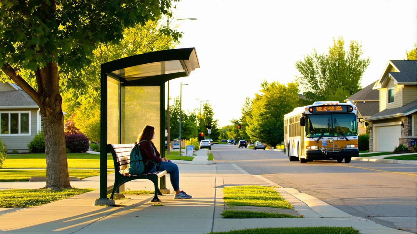A young woman waiting at a bus stop bench as a bus approaches on a suburban street.