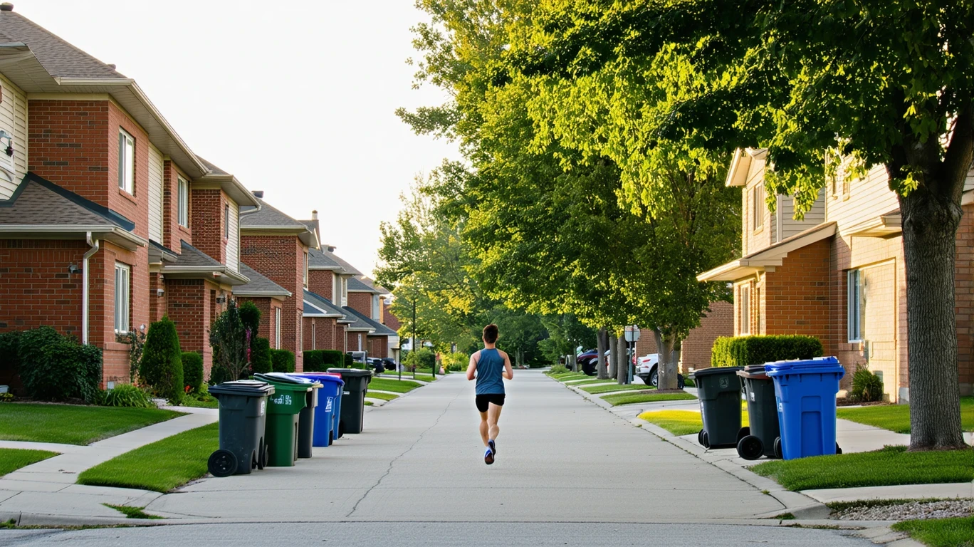 A jogger runs past a row of red-brick homes on a suburban street in Murray, Utah on a clear morning. Recycling bins are lined up by the curb.
