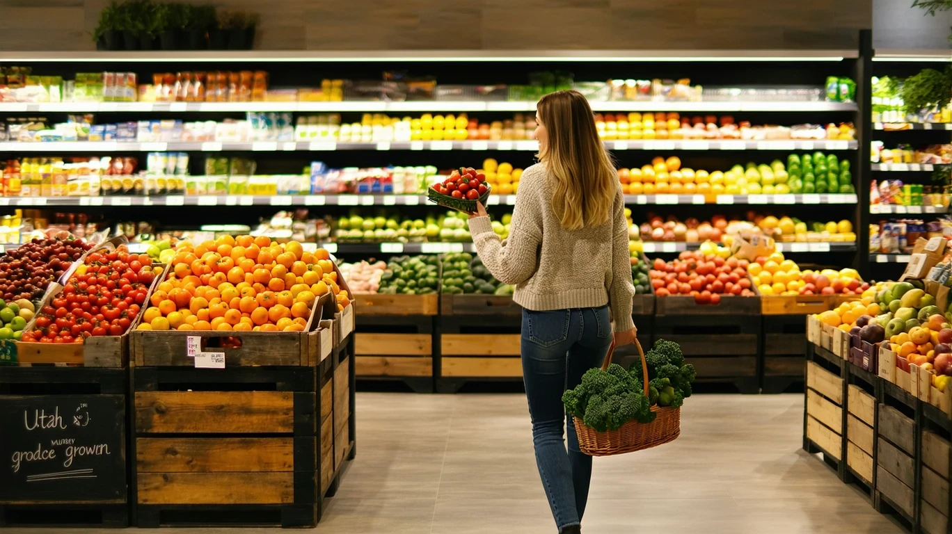 A woman comparing apple prices in a grocery store produce aisle.