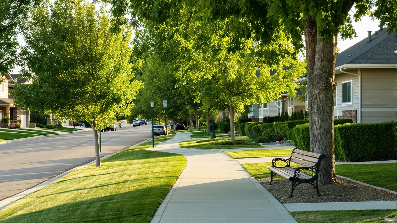 A tree-lined neighborhood street in Murray, Utah with a grassy park, bench, and surrounding homes on a sunny day.