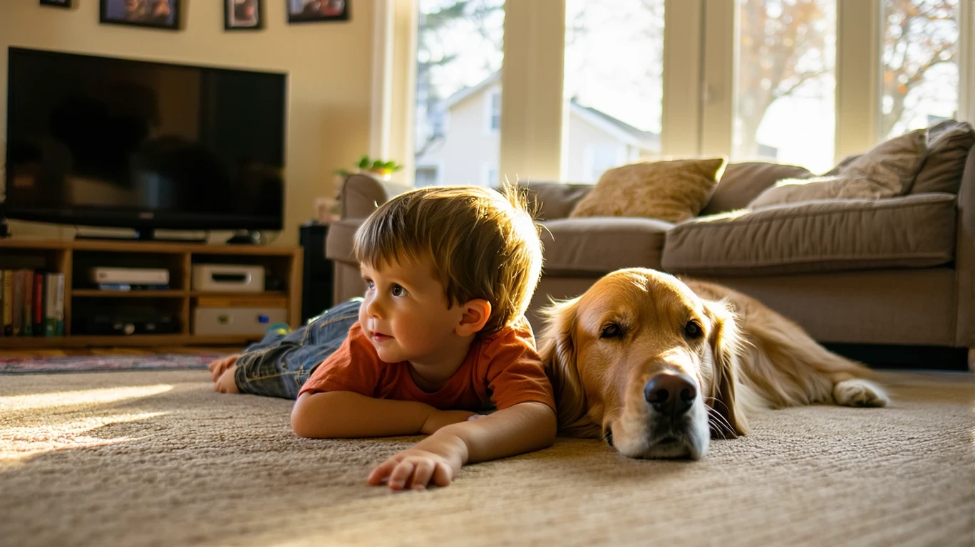 Two children lying on the floor watching TV with a dog between them in a cozy living room.
