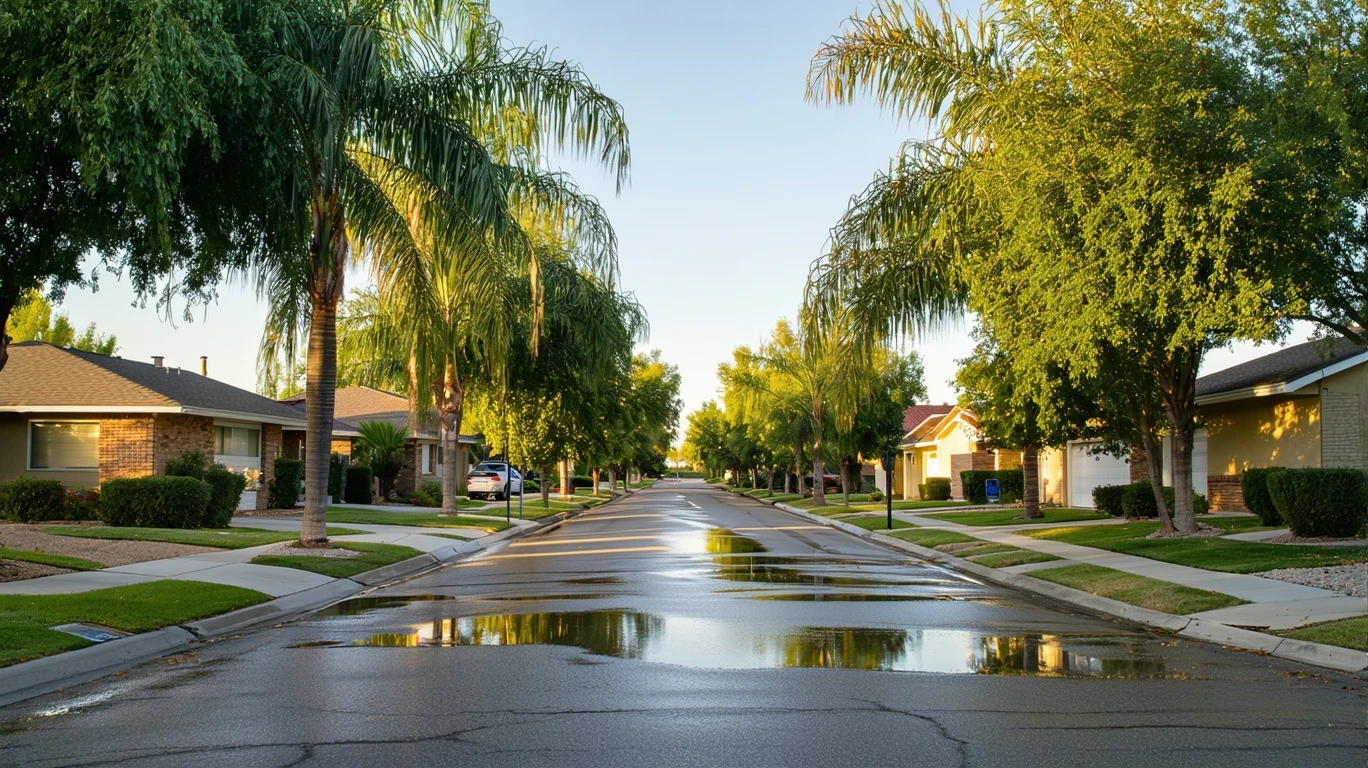 A tree-lined street in Murray, Utah after a rain shower, with puddles reflecting palm trees near the sidewalk and homes visible in the background.