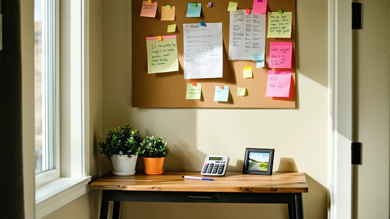 A corkboard pinned with utility bills and budget notes in a sunlit home office nook.