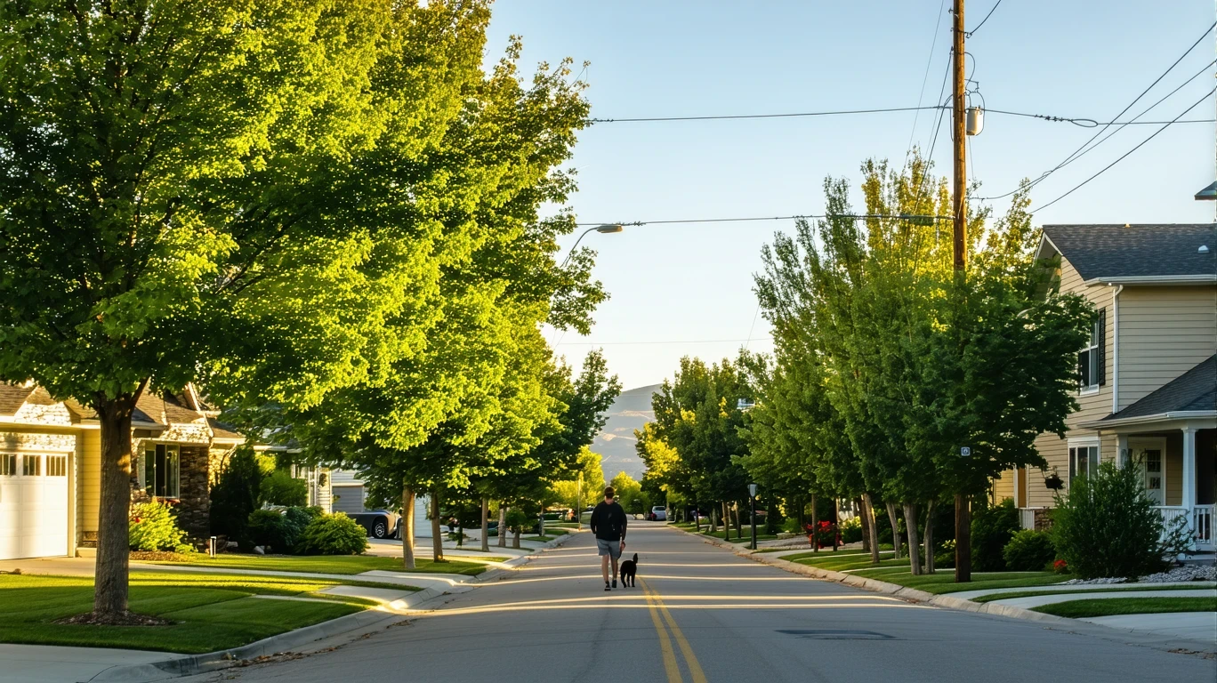 Tree-lined suburban street in Murray, Utah with sunlight filtering through maple branches and a person walking their dog.