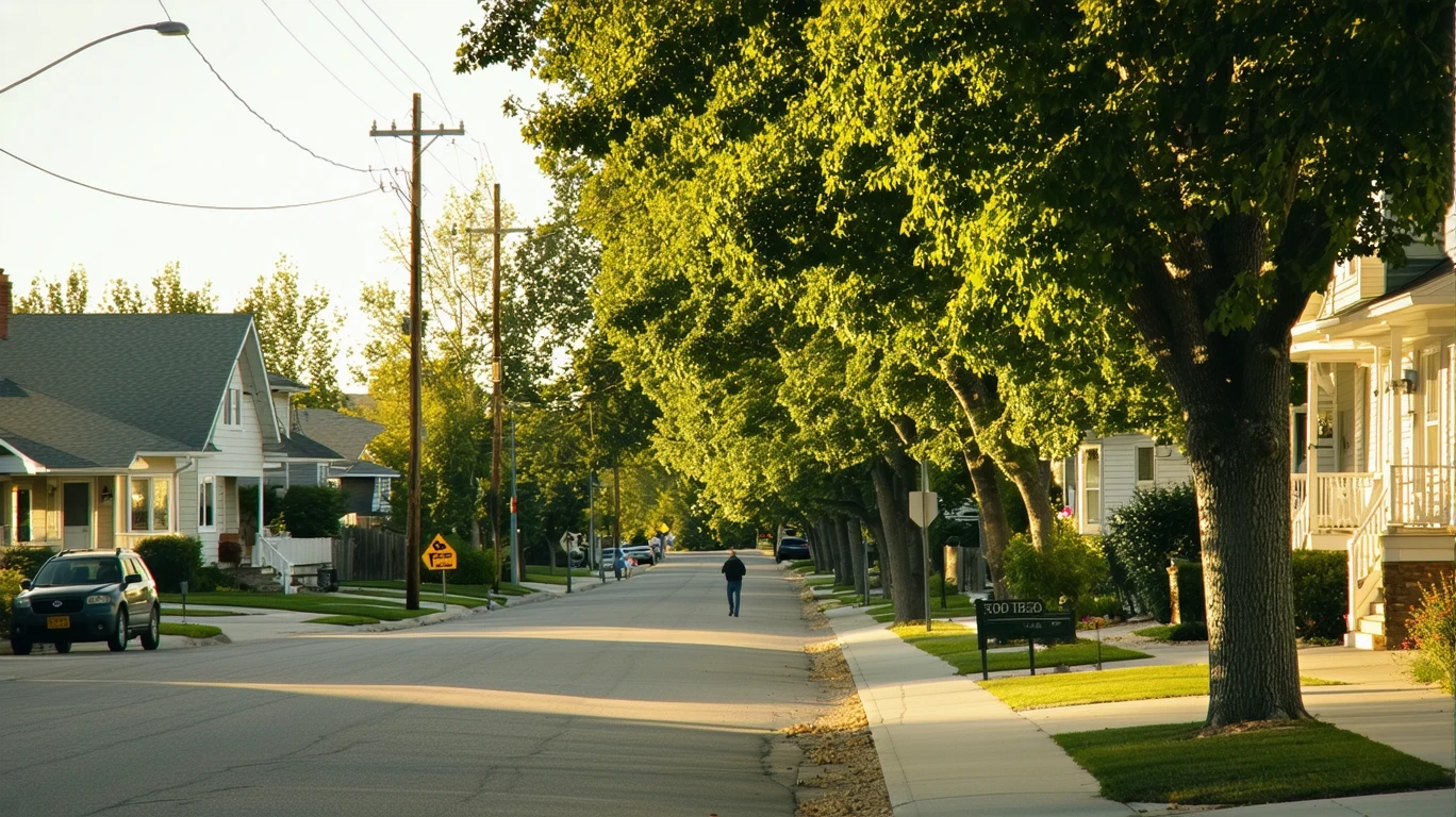 A sunlit residential street in Murray, Utah, lined with maple trees and well-maintained homes.