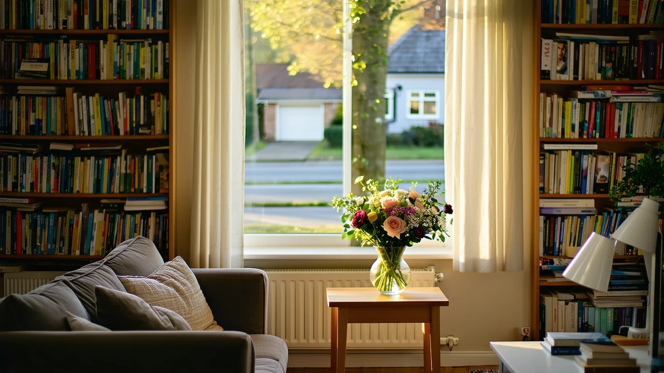 A sunlit living room with a couch, bookshelf, and view of a suburban street through a window.
