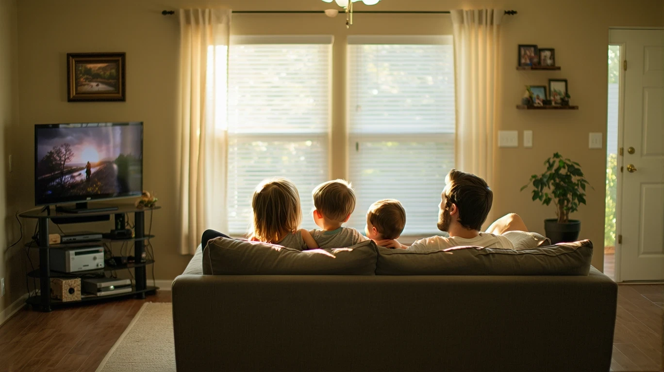 A family of three relaxing on the couch watching TV in a cozy living room.