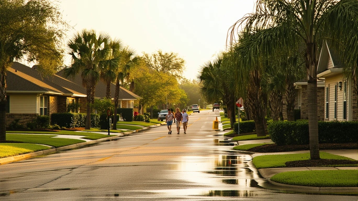 A suburban avenue in Mustang, Oklahoma in late afternoon light after rain, with palm tree reflections in puddles and people walking past tidy homes.