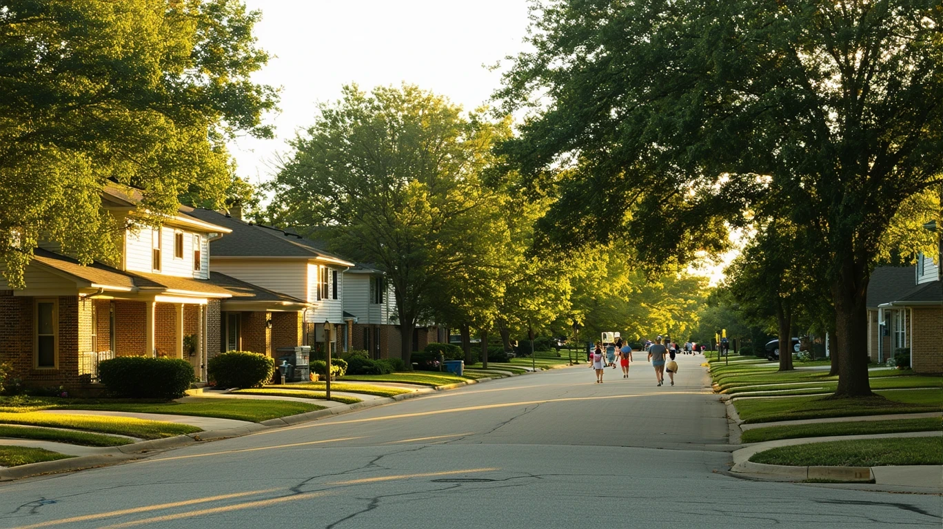 A peaceful residential street in Norman, Oklahoma in early morning light, with long tree shadows, one-story homes, and a person walking on the sidewalk.