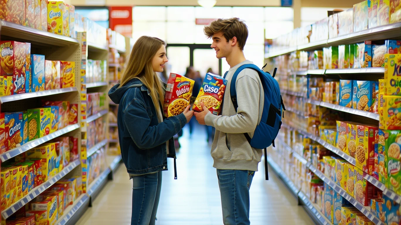 A couple comparing cereal boxes in a grocery store aisle.
