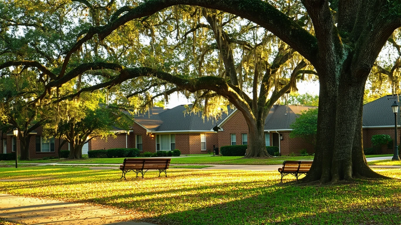 A tranquil park lawn shaded by old oak trees, with empty benches and golden-hour light.
