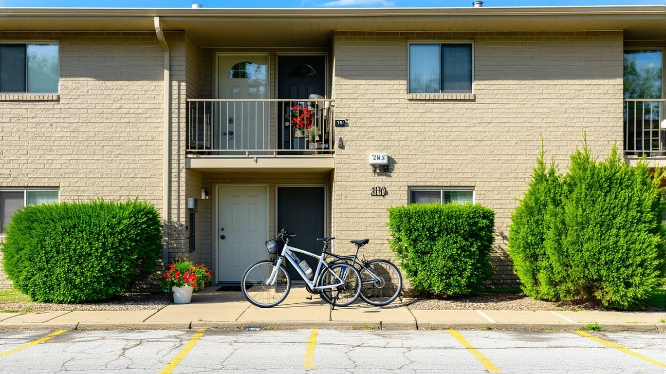A small apartment building in Mustang, Oklahoma with potted plants and bicycles outside on a sunny day.