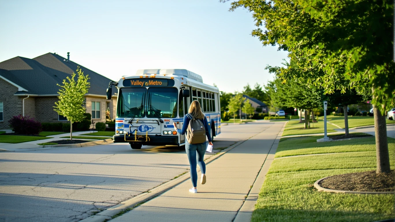 Woman boarding a Valley Metro shuttle bus in Mustang, Oklahoma on a sunny day.