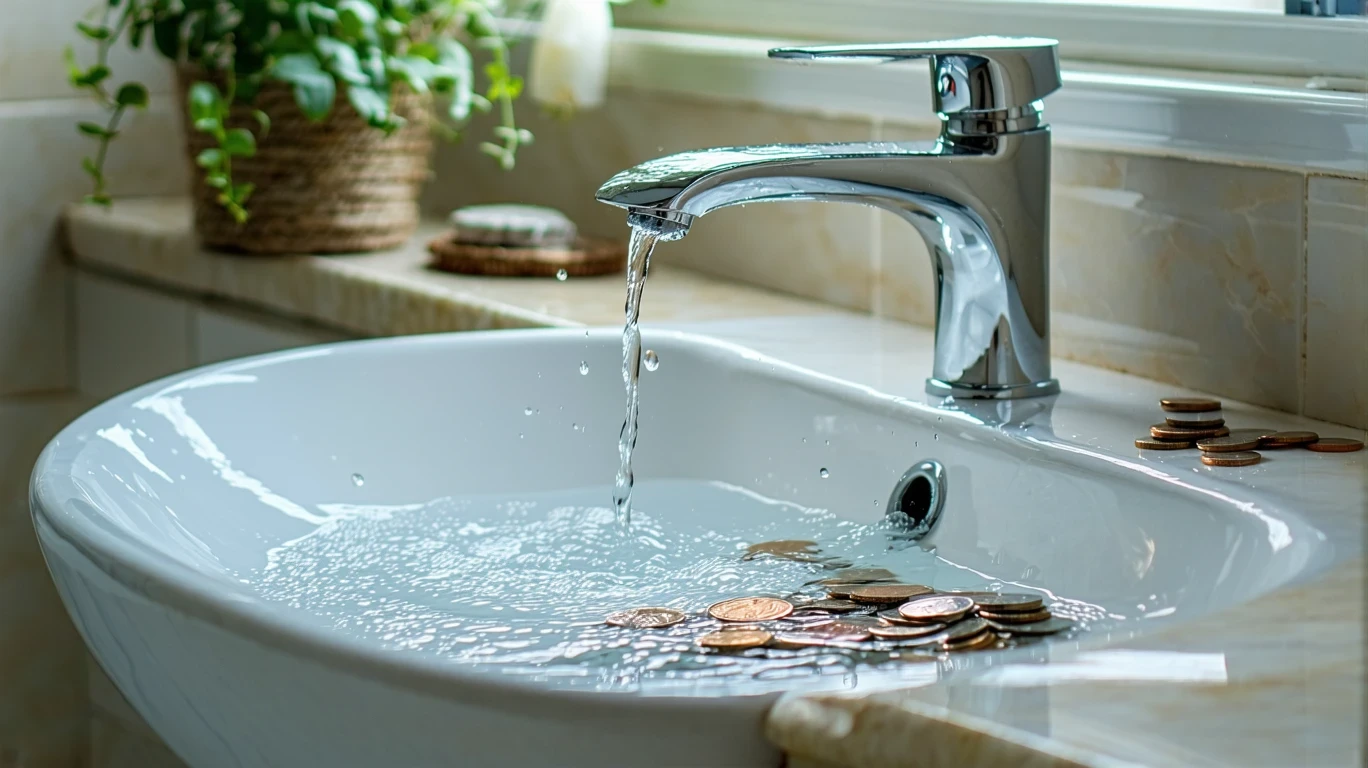 Close-up of a chrome faucet dripping water into a white sink with coins inside.