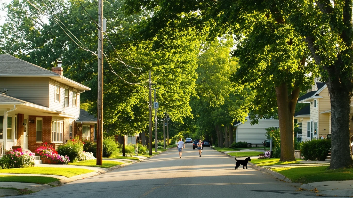 A sunlit residential street in Mustang, Oklahoma lined with tidy homes and maple trees.