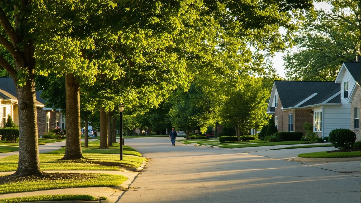 A tree-lined sidewalk curving through a neighborhood with houses visible.