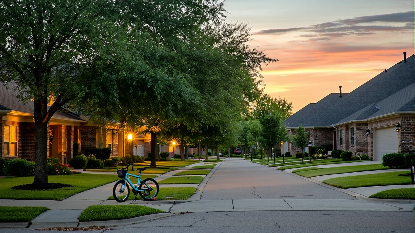 A quiet cul-de-sac in Mustang, Oklahoma at dusk, with porch lights illuminating the street and a child's bicycle near the curb.