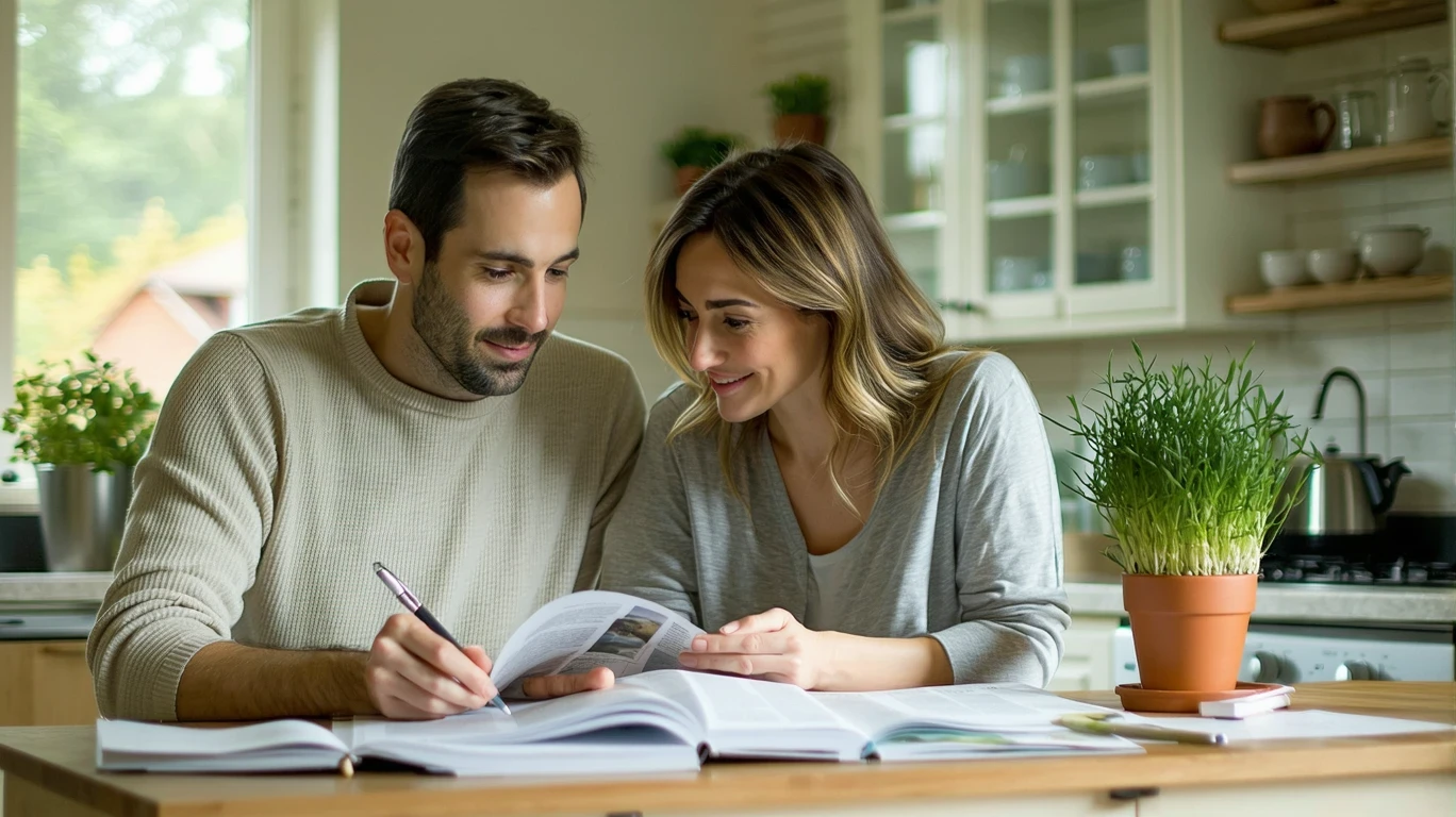 A couple reviews their budget at the kitchen table in the evening light.