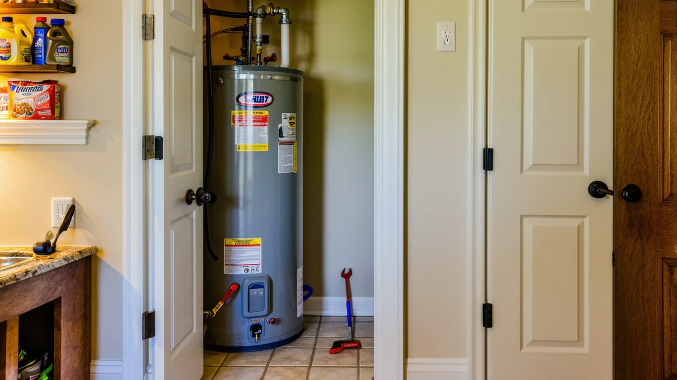 A slightly open closet door reveals a water heater with stickers, a wrench on a shelf, and scuffed tile floor.