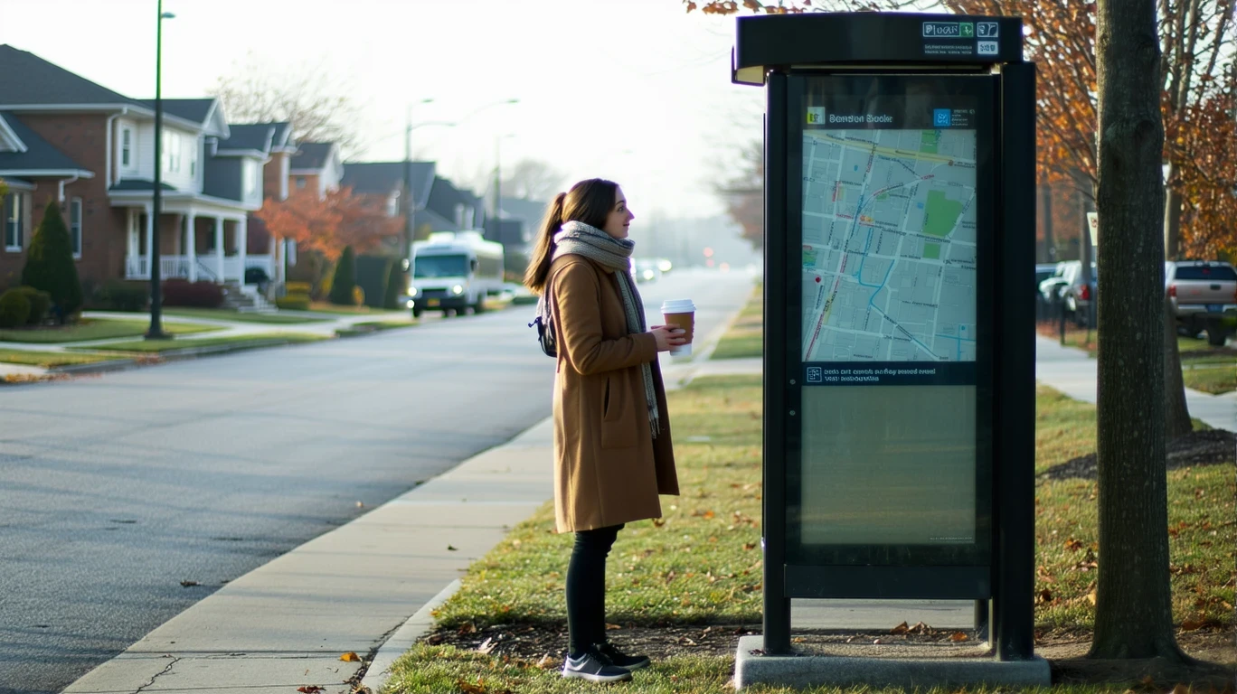 A young woman waits at a suburban bus stop on a foggy autumn morning in New Albany, Ohio.
