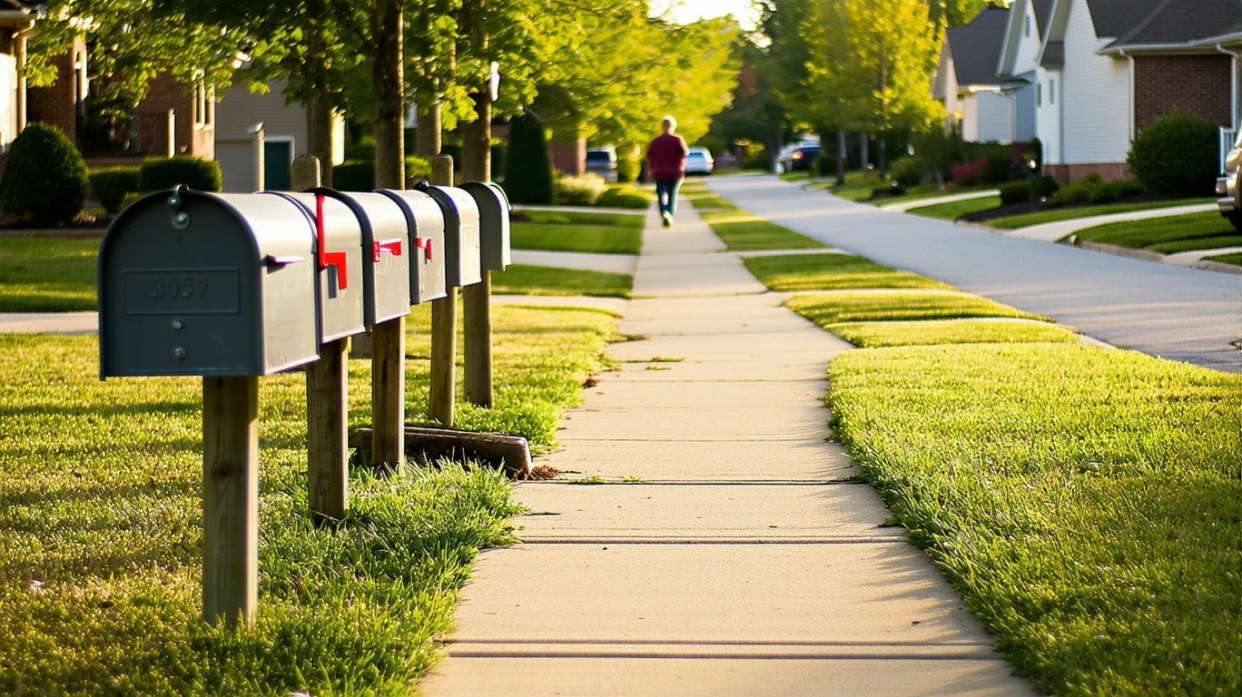 A sunny suburban sidewalk in New Albany, Ohio with several mailboxes and a person walking in the distance.