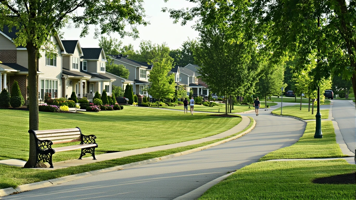 Sunny neighborhood street in New Albany with a park, hedges, bench, path, and people walking in the distance.