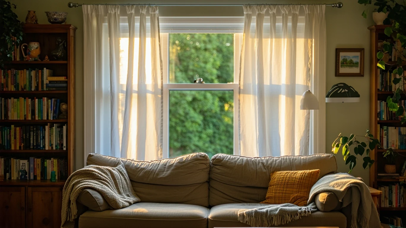 A small, inviting living room with a couch and bookshelf, illuminated by soft light from a window with sheer curtains.