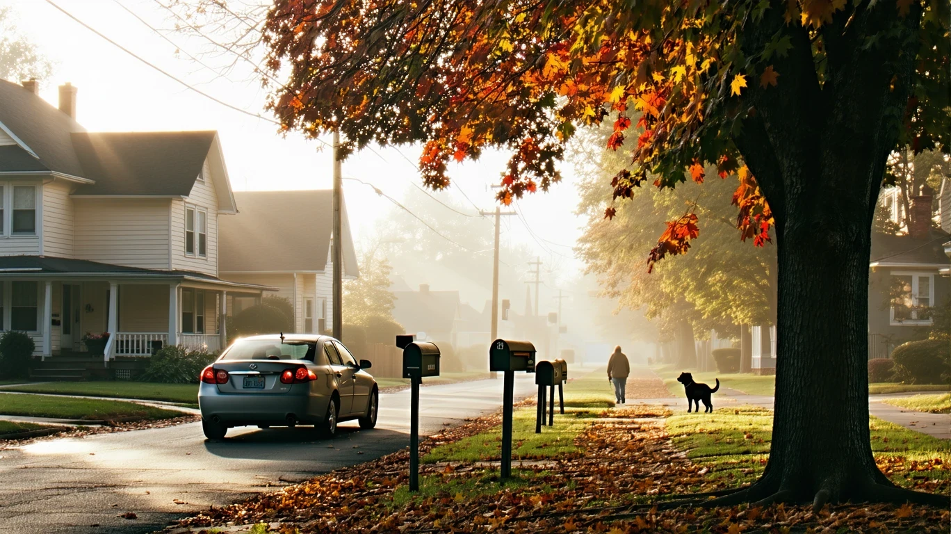 A foggy residential street in autumn with homes, a maple tree, and a parked car.