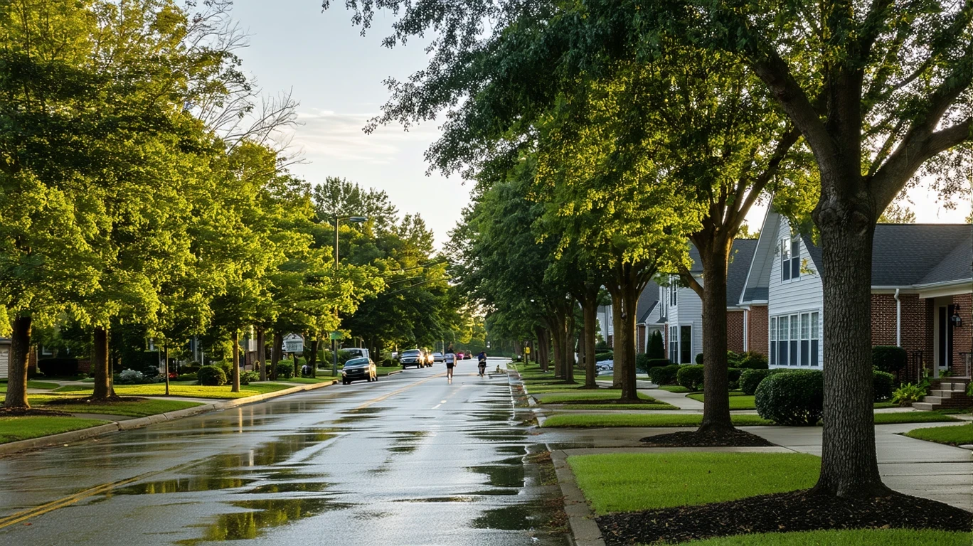 A tree-lined suburban street in New Albany, Ohio on a sunny day after a rain shower, with puddles reflecting the palm trees.