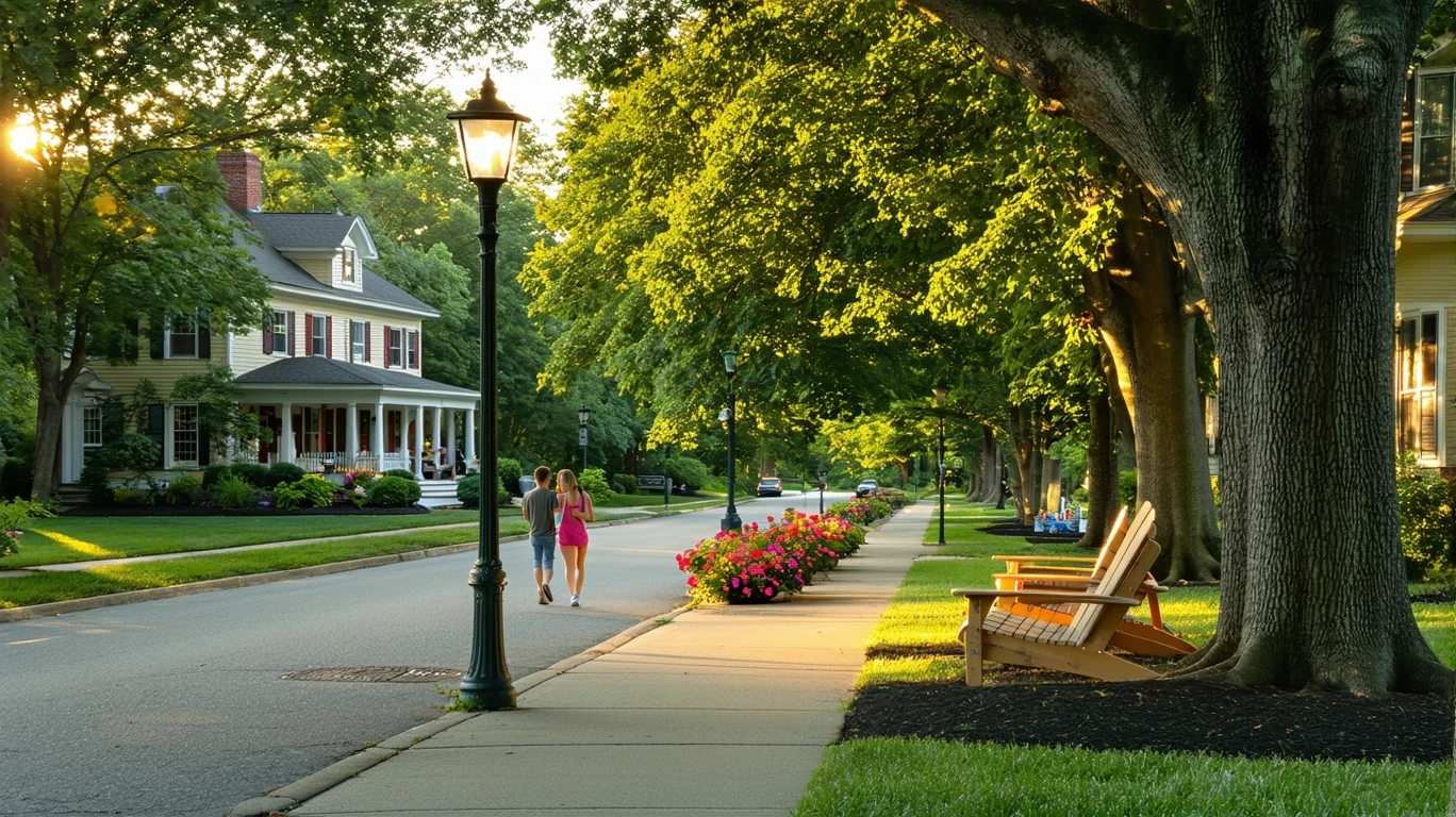 A tree-lined suburban street in the late afternoon, with neat homes and a couple walking on the sidewalk.