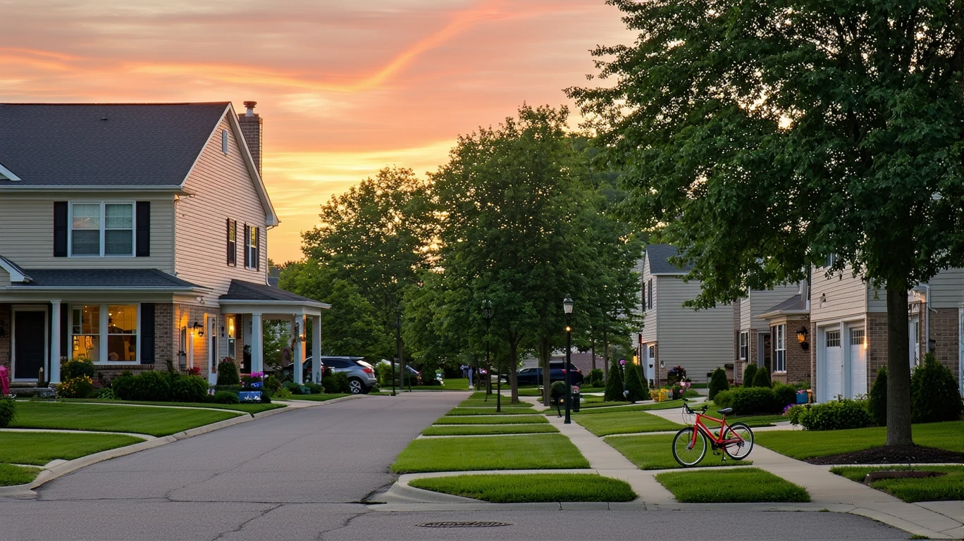 A peaceful suburban cul-de-sac at dusk, with tidy homes, glowing windows, and a child's bicycle lying near the curb.