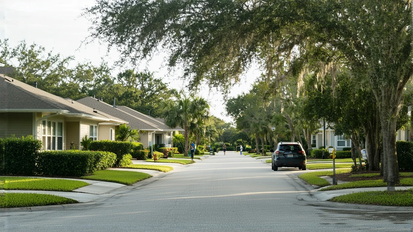 A sunny suburban street in New Port Richey, Florida with modest homes and a person walking their dog.