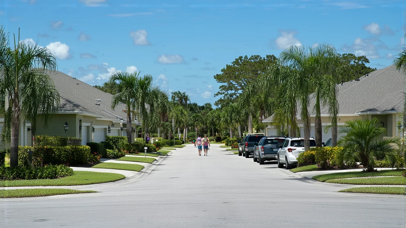 A sunny residential street in New Port Richey, Florida with modest stucco homes and tidy landscaping.