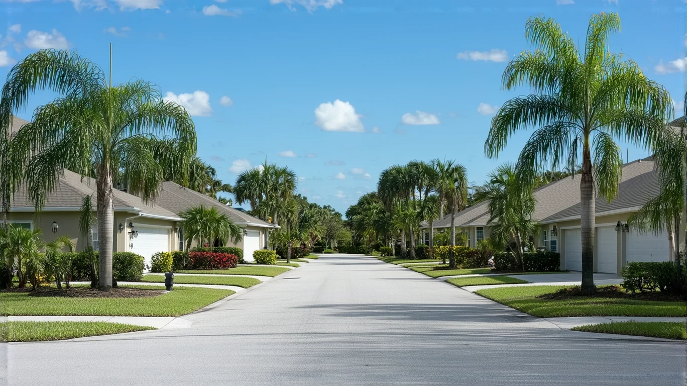 Suburban street in New Port Richey, Florida with modest stucco homes and tidy landscaping.