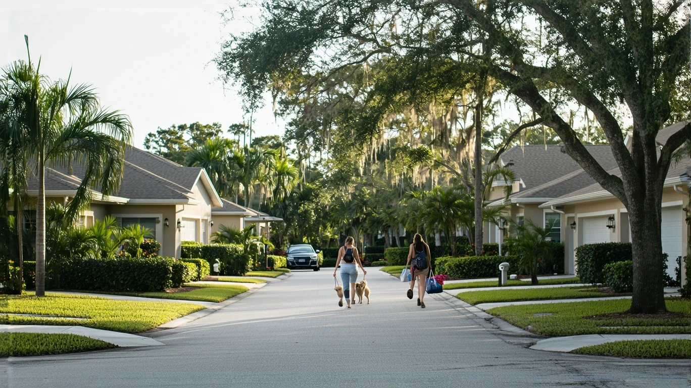 A woman carrying groceries walks along a sidewalk in a suburban New Port Richey neighborhood with stucco homes and palm trees.
