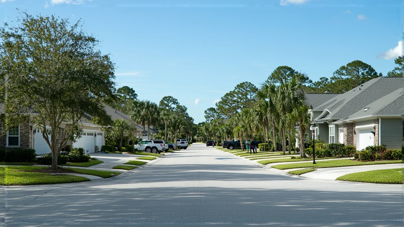 A quiet suburban street in New Port Richey, Florida lined with modest single-family homes and mature landscaping.