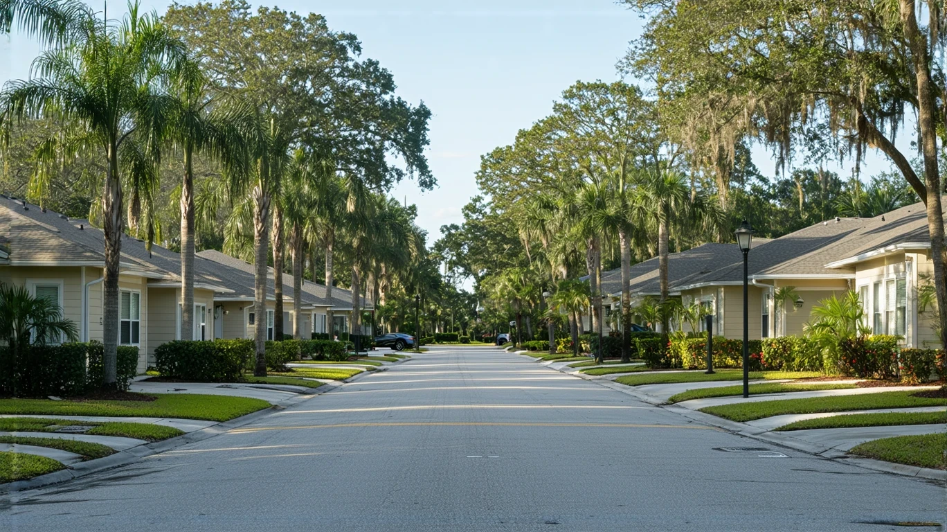 A residential street in New Port Richey with a mix of small houses and low-rise apartment buildings, tidy landscaping, and a few parked cars.