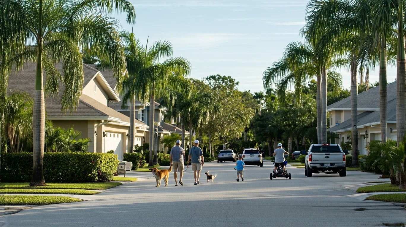 A sunny residential street in New Port Richey, Florida with people walking and homes in a coastal style.