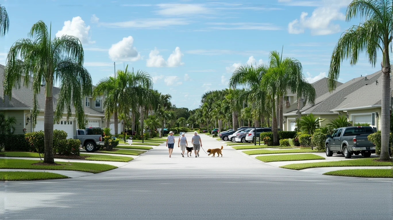 A residential street in New Port Richey, Florida with modest single-story homes, tropical landscaping, and an older couple walking their dog on the sidewalk.