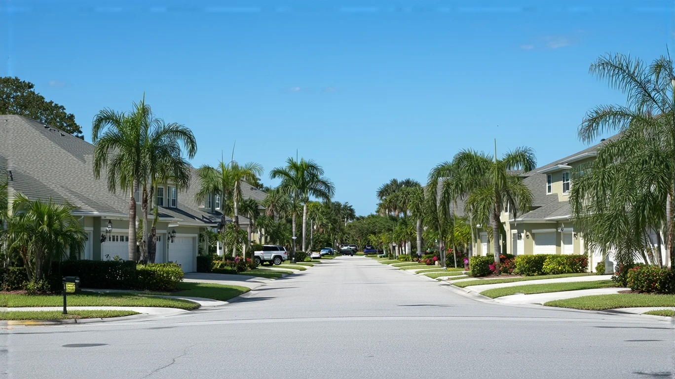 A sunny suburban street in New Port Richey, Florida with modest homes and tidy landscaping.