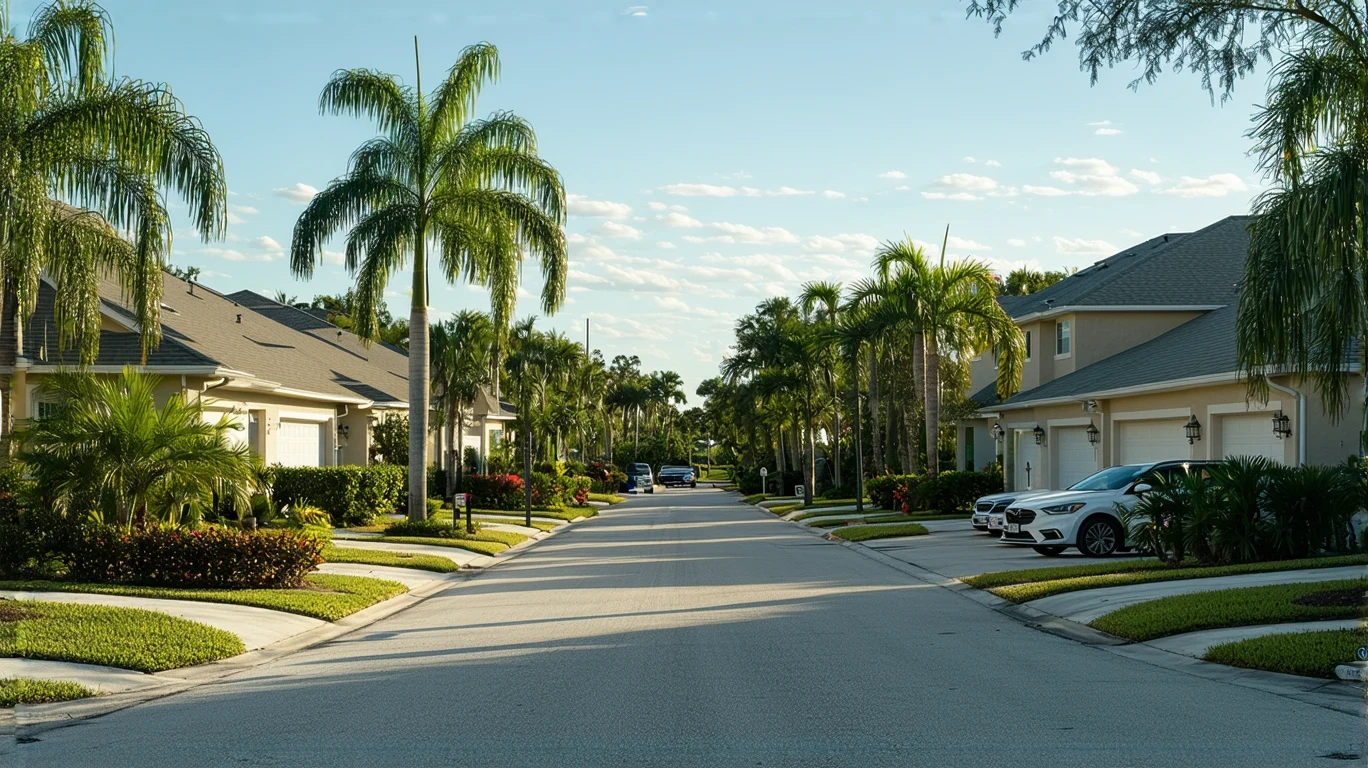 Residential street in New Port Richey, Florida with stucco homes and palm trees.