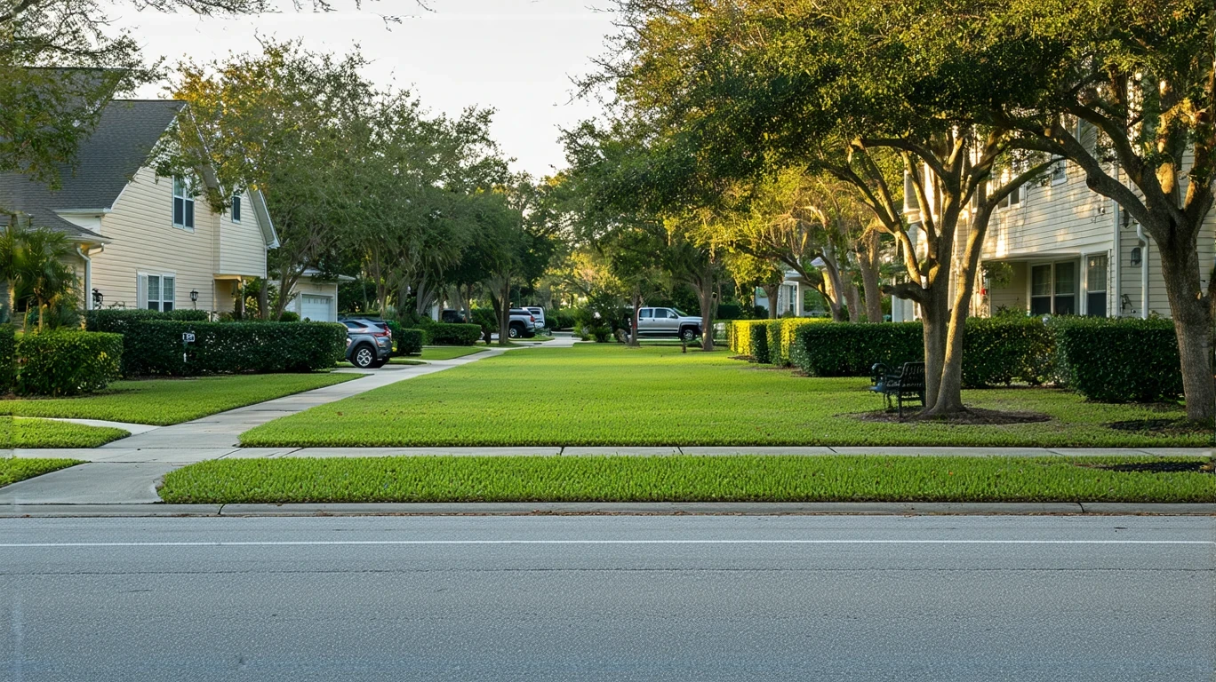 A neighborhood park in New Port Richey with trimmed hedges and a bench, houses across the street