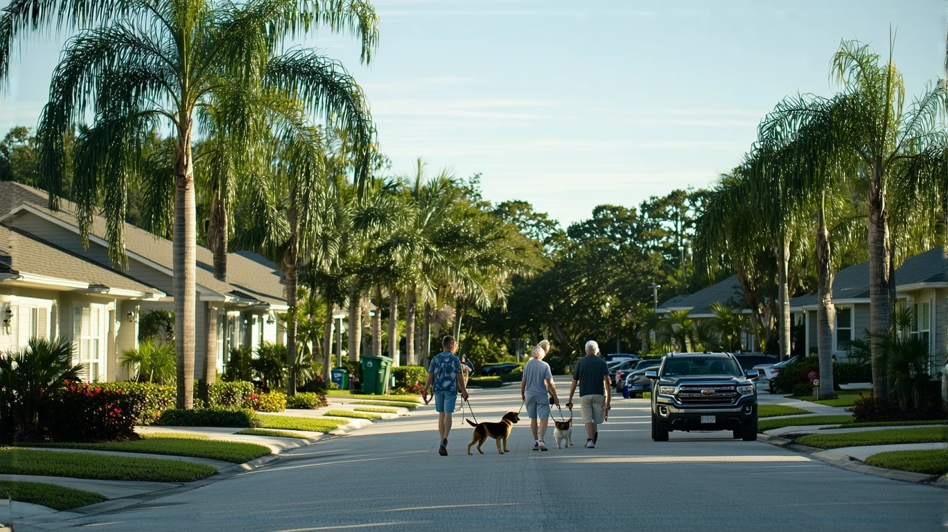 A quiet residential street in New Port Richey, Florida with a couple walking their dog past craftsman-style homes and tropical landscaping.