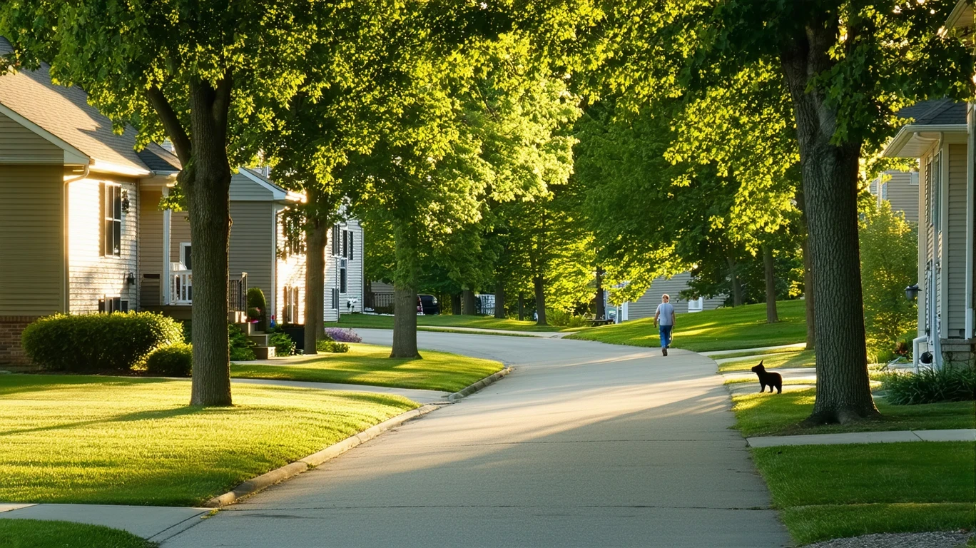 Tree-lined sidewalk curving through a pleasant Noblesville neighborhood with homes visible in the background on a sunny day.