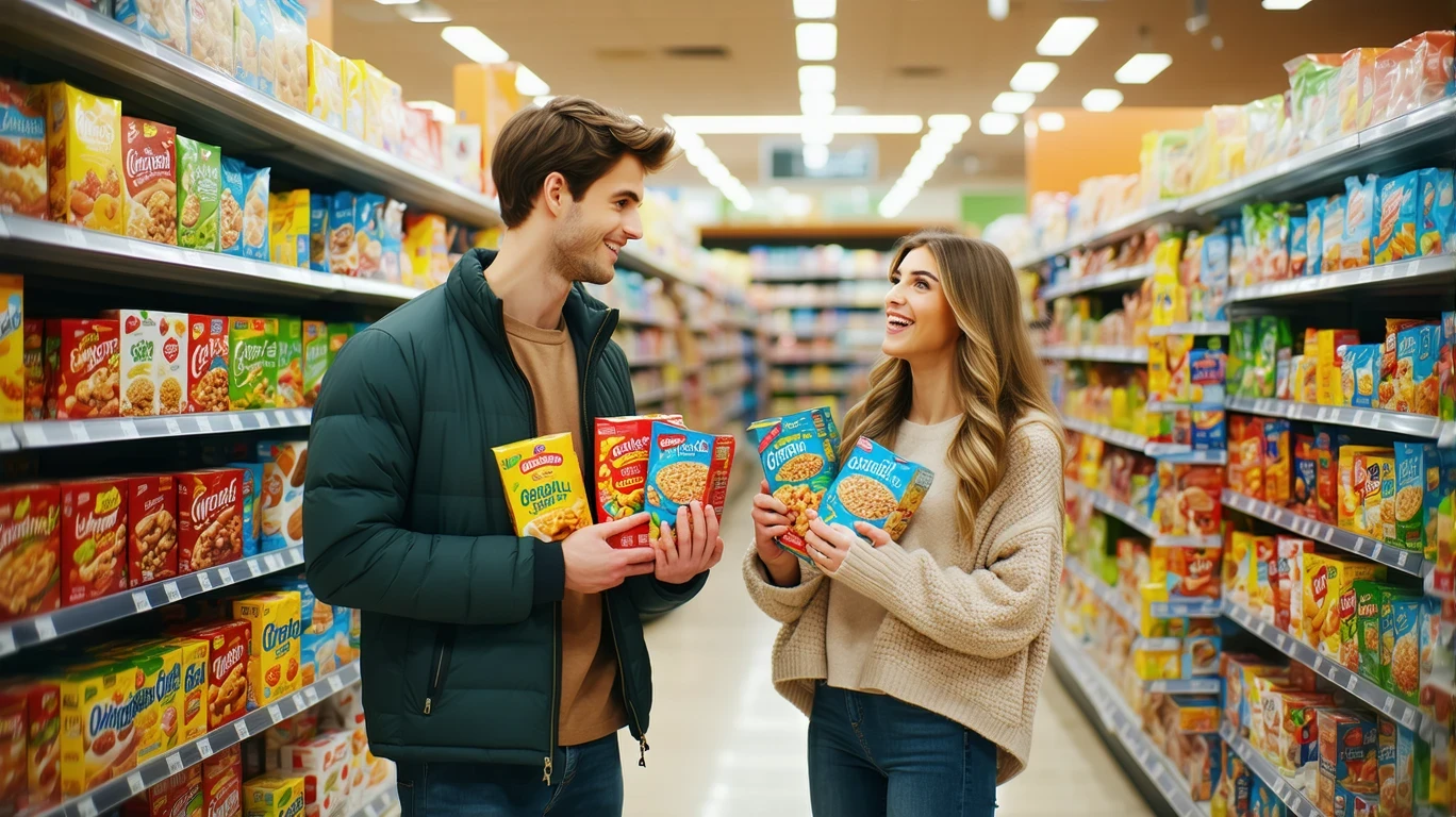 A young couple compares cereal boxes in a grocery store aisle, smiling and talking.