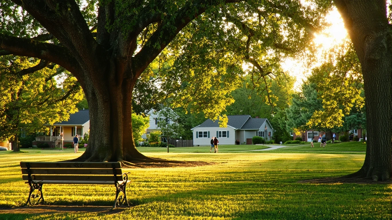 A suburban park in Noblesville with oak trees, empty benches, and people walking on a path in the distance at sunset.