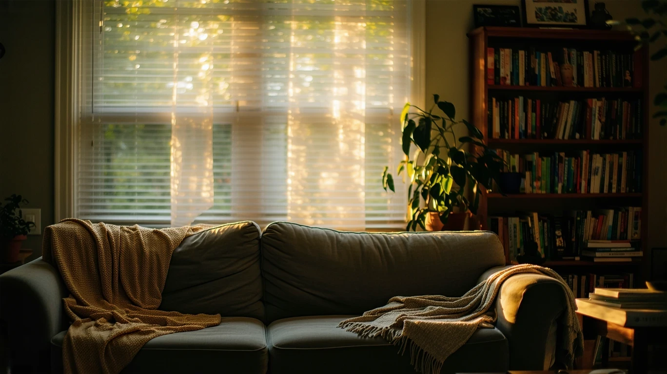 A cozy living room illuminated by soft afternoon light, with a couch and bookshelf visible through sheer curtains.